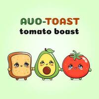 avo-toast, tomat skryta kort. avokado bröd tomat. vektor hand dragen klotter stil tecknad serie karaktär illustration ikon design. Lycklig avokado bröd tomat vänner begrepp kort
