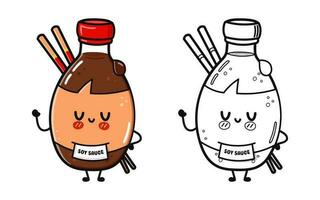 Flasche von Soja Soße Zeichen Illustration zum Färbung Buch. Vektor Hand gezeichnet Karikatur kawaii Charakter Illustration Symbol. süß Flasche von Soja Soße. Gliederung Karikatur Illustration zum Färbung Buch