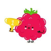 Himbeeren halt Gold Trophäe Tasse. Vektor Hand gezeichnet Karikatur kawaii Charakter Illustration Symbol. isoliert auf Weiß Hintergrund. Himbeeren mit Gewinner Trophäe Tasse