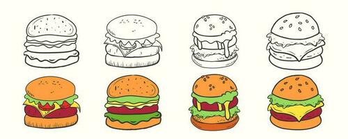 hand dragen tecknad serie styled hamburgare vektor illustration uppsättning