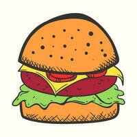 handgemalt Burger Illustration mit Tomate Käse Fleisch und Salat im Gekritzel Stil vektor