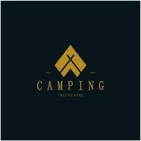 Jahrgang und retro Zelt Logo, Camping. mit Zelt, Baum und Lagerfeuer unterzeichnen. Abenteurer, Pfadfinder, Kletterer, Camping Ausrüstung Center vektor