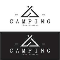 Jahrgang und retro Zelt Logo, Camping. mit Zelt, Baum und Lagerfeuer unterzeichnen. Abenteurer, Pfadfinder, Kletterer, Camping Ausrüstung Center vektor
