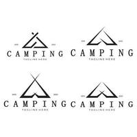 Jahrgang und retro Zelt Logo, Camping. mit Zelt, Baum und Lagerfeuer unterzeichnen. Abenteurer, Pfadfinder, Kletterer, Camping Ausrüstung Center vektor