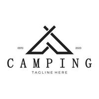 Jahrgang und retro Zelt Logo, Camping. mit Zelt, Baum und Lagerfeuer unterzeichnen. Abenteurer, Pfadfinder, Kletterer, Camping Ausrüstung Center vektor