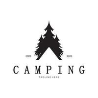 Jahrgang und retro Zelt Logo, Camping. mit Zelt, Baum und Lagerfeuer unterzeichnen. Abenteurer, Pfadfinder, Kletterer, Camping Ausrüstung Center vektor