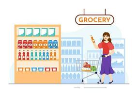 Essen Lebensmittelgeschäft Geschäft Einkaufen Vektor Illustration mit Lebensmittel Artikel und Produkte Sortiment auf das Supermarkt im eben Karikatur Hand gezeichnet Vorlagen