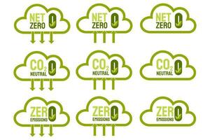 co2 utsläpp minskning ikoner. eco vänlig grön moln med pilar, netto noll, noll utsläpp, co2 neutral. noll kol fotavtryck vektor illustration. ekologi miljö förbättring begrepp.