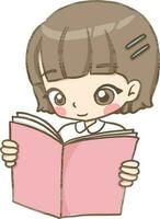 Schülerin lesen ein Buch Karikatur Gekritzel kawaii Anime Färbung Seite süß Illustration Zeichnung Charakter Chibi Manga Comic vektor