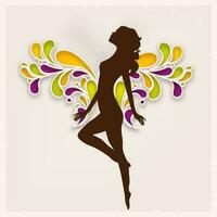 glücklich Damen Tag Gruß Karte oder Poster Design mit lila Silhouette von Mädchen im Tanzen Pose auf Blumen- dekoriert grau Hintergrund. vektor