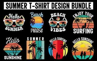 sommar årgång t skjorta design bunt, sommar tee design vektor uppsättning, sommar strand semester t shirts uppsättning, sommar surfing t skjorta samling