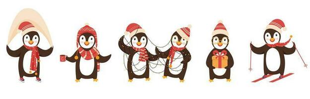 söt pingvin tecken bär ull- hatt och scarf i annorlunda poserar. vektor