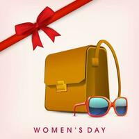 damer handväska och solglasögon på blå, Lycklig kvinnors dag bakgrund. vektor