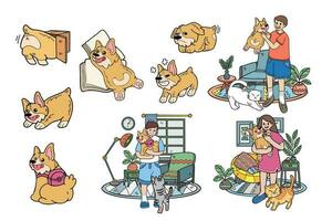 Hand gezeichnet Corgi Hund und Familie Sammlung im eben Stil Illustration zum Geschäft Ideen vektor