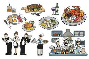 Hand gezeichnet Koch mit Essen Sammlung im eben Stil Illustration zum Geschäft Ideen vektor