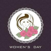 Lycklig kvinnors dag fester begrepp med eleganta rosa text och illustration av en flicka ansikte på bakgrund. vektor