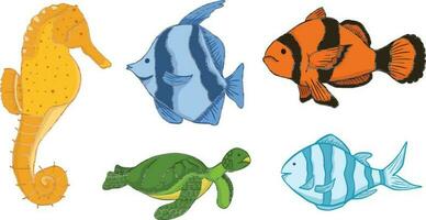 uppsättning av marin liv och hav djur- vektor hav häst, fisk, sköldpadda