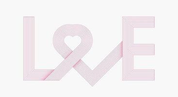 Kalligraphie Beschriftung von das Wort Liebe im das gestalten von ein Herz. geometrisch Streifen Weiß Hintergrund Rosa Linien. Textur Element Design zum Banner, Karte, Poster, Hintergrund, Mauer. Vektor Illustration.