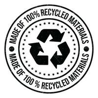 gemacht von 100 Prozent recycelt Materialien Abzeichen, Briefmarke, Logo, Emblem, Recycling Vektor Symbol, recycelbar Produkte, Verpackung Design Elemente, Plastik Tasche, Flasche, Vektor Illustration, Grunge Textur
