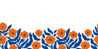 Blau matisse Pflanzen nahtlos Grenze. minimal abstrakt Blumen- tropisch wiederholen drucken. freihändig rot Blumen und Gekritzel c Blätter Hintergrund, einfach Natur Formen. Sommer- botanisch Vektor Hintergrund.