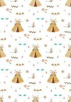 Boho Tipi nahtlos indisch Sommer- Blumen- Pfeile und Tipi Illustration. Kinder aztekisch Hintergrund. Hand gezeichnet Boho schick Muster Vektor. Baby Boho Stoff Design. süß Textil, Stammes- drucken Pfeil Blumen vektor