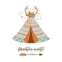 stam- teepee vektor söt stam tipi, pil, fjäder, horn. text äventyr väntar. boho pil. blommig element på tält navajo. barn camping teepee illustration. boho bebis skriva ut. stam- aztec affisch.