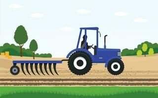 Landwirtschaft und Landwirtschaft. Landwirtschaft Tracktor. ländlich Landschaft. Design Elemente zum die Info Grafik, Websites und drucken Medien. Blau Traktor Tragen Heu, Ernte Vektor Illustration