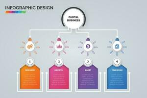 Licht Birne Infografik Visualisierung Vorlage und Geschäft Symbole Vektor. Geschäft Konzept mit 4 Optionen, Schritte, Prozess zum Präsentation, Layout, Diagramm Diagramm, jährlich Bericht vektor