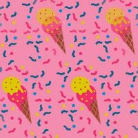 hög kontrast minimalistisk sömlös mönster med is grädde och konfetti på rosa bakgrund. vektor djärv is grädde kon illustration. perfekt för omslag, bakgrund, barn textil, tapet, affisch