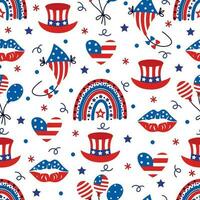 Amerika Unabhängigkeit Tag nahtlos Vektor Muster. Symbol von das National Sommer- Urlaub - - USA Flagge Drachen, Regenbogen, Luftballons, oben Hut, Kuss von Freiheit. patriotisch Veranstaltung Juli 4. eben Karikatur Hintergrund