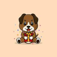 vektor söt bebis hund tecknad serie Lycklig innehav gåva platt ikon illustration.
