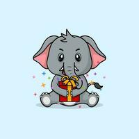 Vektor süß Baby Elefant Karikatur glücklich halten Geschenk eben Symbol Illustration.