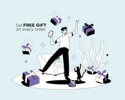 online Einkaufen Vektor Illustration, ein Mann erhalten kostenlos Geschenk auf jeder bestellen