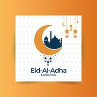 eid al Adha mubarak islamic festival social media baner design, vektor illustration islamic bakgrund med skön moské, stjärnor, måne och lyktor.