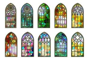 gotisch befleckt Glas Fenster. Kirche mittelalterlich Bögen. katholisch Kathedrale Mosaik Rahmen. alt die Architektur Design. Vektor einstellen