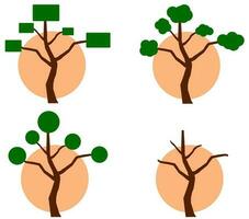 fyra vektor illustrationer av träd med fyrkant blad, abstrakt blad, cirkel blad, utan blad, också med ljus brun Sol, vit bakgrund.