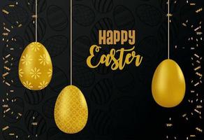 glückliche Osterkarte mit Beschriftung und hängenden goldenen Eiern gemalt vektor