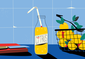 citrusjuice i köksbordet vintage vektor platt bakgrunds illustration