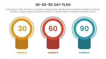 30-60-90 dag planen förvaltning infographic 3 punkt skede mall med bricka cirkel baner form begrepp för glida presentation vektor