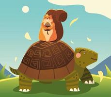 süße Schildkröte und Eichhörnchen mit Eichel im Wiesen-Cartoon vektor