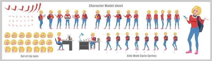 flicka karaktär design modellark flicka karaktär design framsida bakifrån och förklaring animation poserar karaktärssättning med läppsynkronisering animationssekvens av alla framsidan bak och sidan gång cykel animationssekvenser vektor