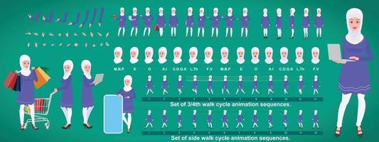 islamisk tjej karaktär design modellark med gångcykel animation flicka karaktär design framsida bakifrån och förklaring animation poserar karaktär med olika vyer och läpp synk vektor