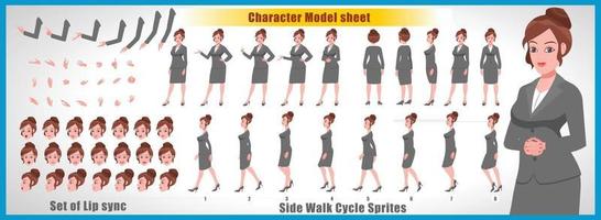 Business Girl Charakter Design Modell Blatt Mädchen Charakter Design Vorderseite Rückansicht und Erkläranimation Posen Zeichensatz mit Lippensynchronisations-Animationssequenz aller Front-Back- und Side-Walk-Zyklus-Animationssequenzen vektor