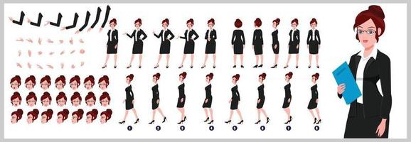 Business Girl Charakter Design Modell Blatt Mädchen Charakter Design Vorderseite Rückansicht und Erkläranimation Posen Zeichensatz mit Lippensynchronisations-Animationssequenz aller Front-Back- und Side-Walk-Zyklus-Animationssequenzen vektor