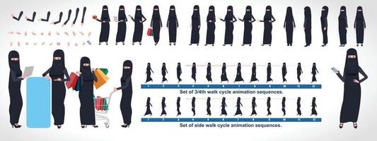 islamisches Mädchen Charakter Design Modellblatt mit Walk Cycle Animation Mädchen Charakter Design Vorderseite Seite Rückansicht und Erkläranimation Posen Zeichensatz mit verschiedenen Ansichten und Lippensynchronisation vektor