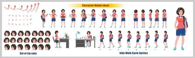 flicka student karaktärsdesign modellark flicka karaktärsdesign framsida bakifrån och förklaring animation poserar karaktärsuppsättning med läppsynkronisering animationssekvens av alla framsidor och baksida cykel animationssekvenser vektor