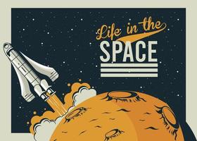 Leben im Weltraum Schriftzug mit Raumschiff-Startup im Poster-Vintage-Stil