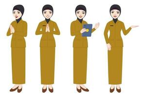 olika stilar och poser av skön indonesiska civil tjänare bär uniformer och hijabs vektor