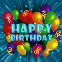 Lycklig födelsedag hälsning kort med ballonger och konfetti, vektor illustration