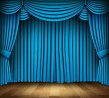 Blau Vorhang von klassisch Theater mit Holz Boden, Vektor Illustration